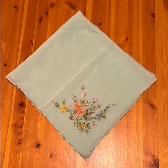 Vintage Accessories - Vintage Chiffon Floral Embroidered Scarf in Light Blue